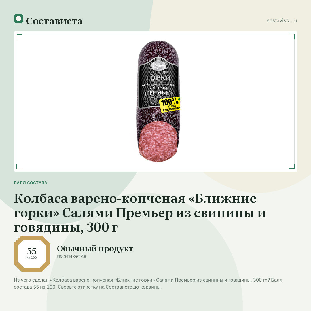 Колбаса варено-копченая «Ближние горки» Салями Премьер из свинины и говядины, 300 г: балл состава 55 из 100 — Состависта