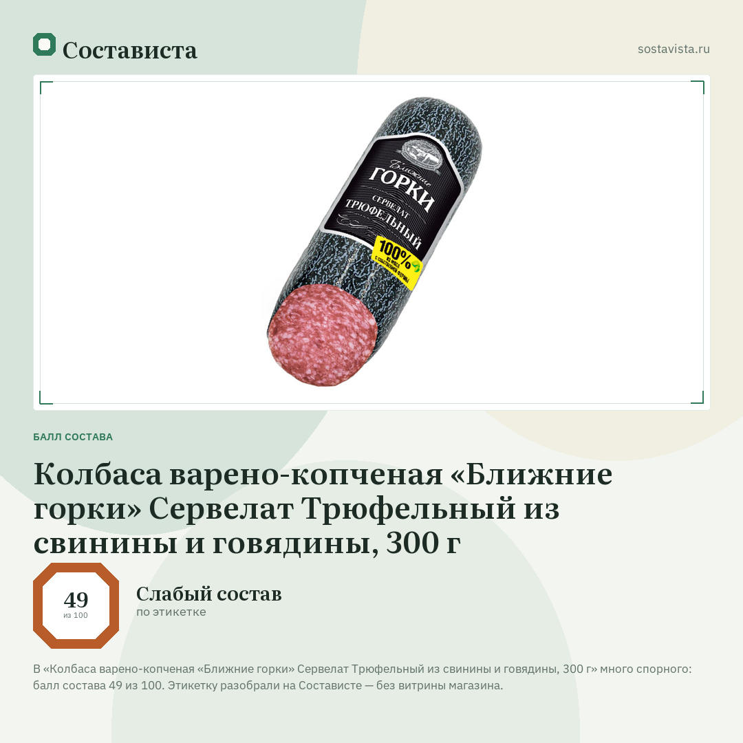 Колбаса варено-копченая «Ближние горки» Сервелат Трюфельный из свинины и говядины, 300 г: балл состава 49 из 100 — Состависта