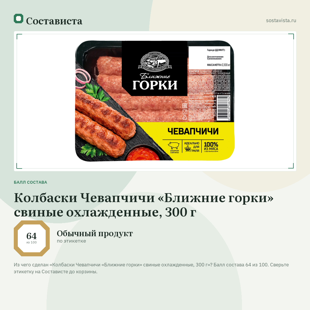 Колбаски Чевапчичи «Ближние горки» свиные охлажденные, 300 г: балл состава 64 из 100 — Состависта