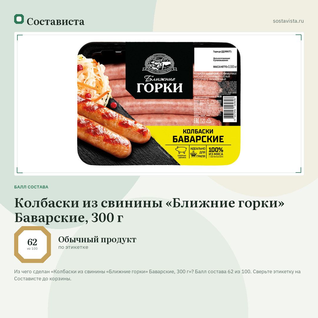 Колбаски из свинины «Ближние горки» Баварские, 300 г: балл состава 62 из 100 — Состависта