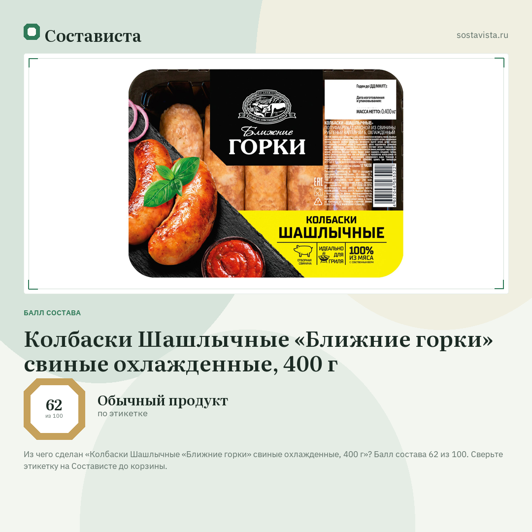 Колбаски Шашлычные «Ближние горки» свиные охлажденные, 400 г: балл состава 62 из 100 — Состависта