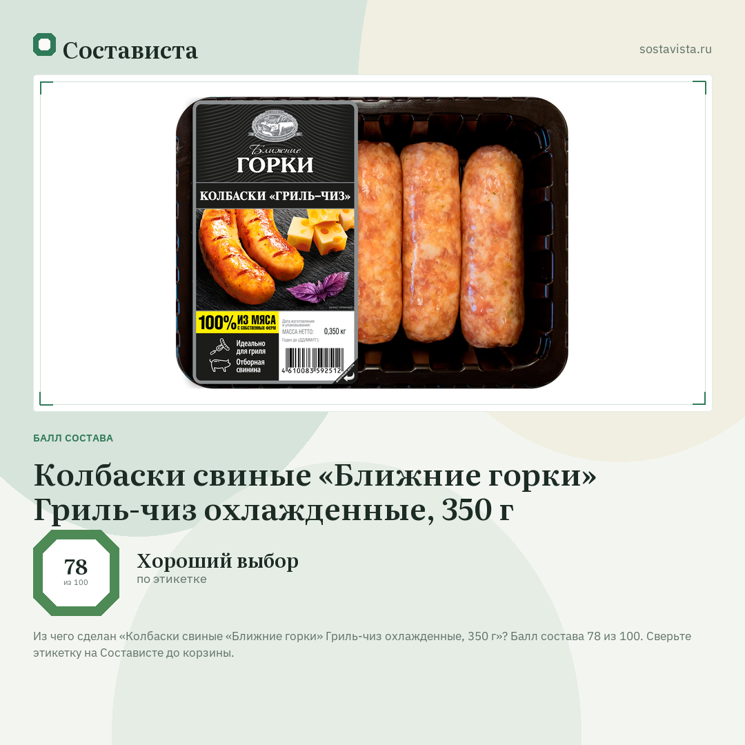 Колбаски свиные «Ближние горки» Гриль-чиз охлажденные, 350 г: балл состава 78 из 100 — Состависта