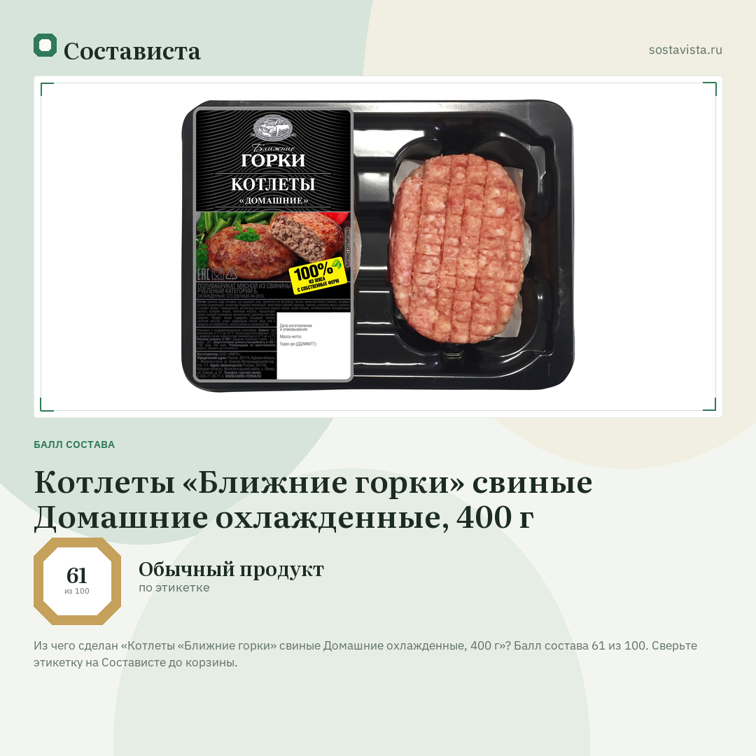 Котлеты «Ближние горки» свиные Домашние охлажденные, 400 г: балл состава 61 из 100 — Состависта