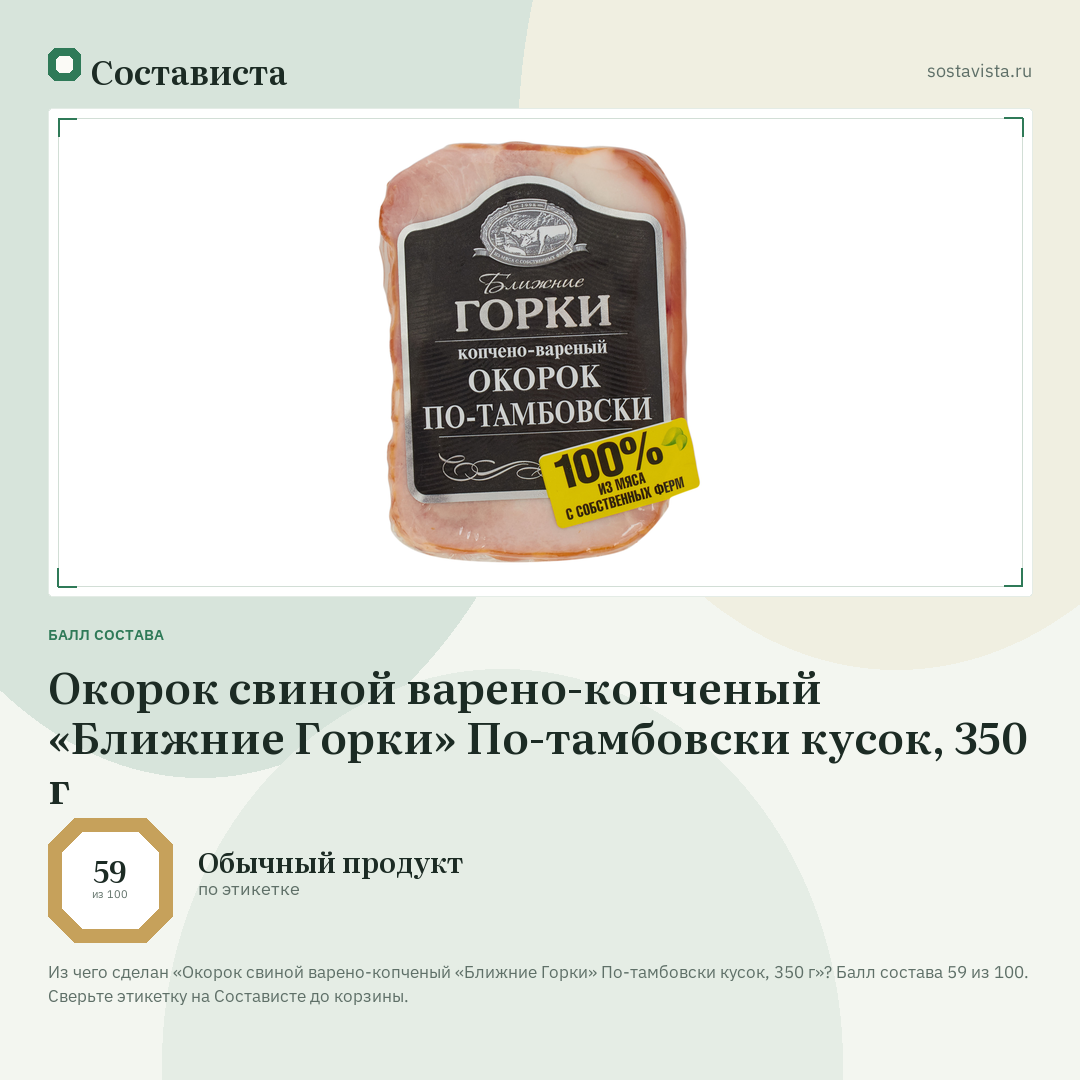 Окорок свиной варено-копченый «Ближние Горки» По-тамбовски кусок, 350 г: балл состава 59 из 100 — Состависта