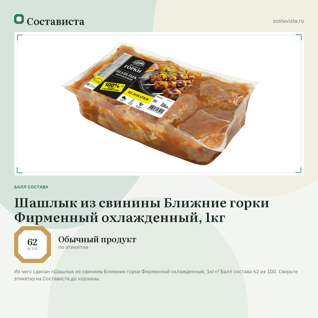 Шашлык из свинины Ближние горки Фирменный охлажденный, 1кг: балл состава 62 из 100 — Состависта