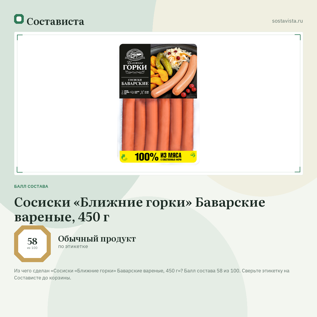 Сосиски «Ближние горки» Баварские вареные, 450 г: балл состава 58 из 100 — Состависта