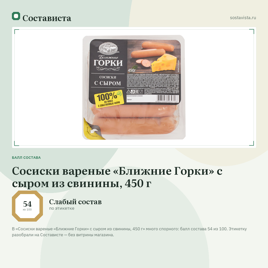 Сосиски вареные «Ближние Горки» с сыром из свинины, 450 г: балл состава 54 из 100 — Состависта