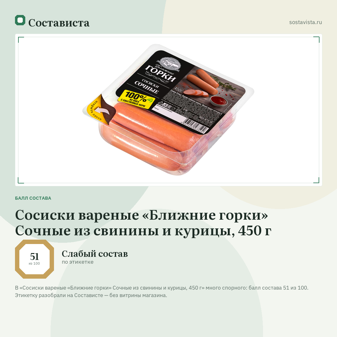 Сосиски вареные «Ближние горки» Сочные из свинины и курицы, 450 г: балл состава 51 из 100 — Состависта