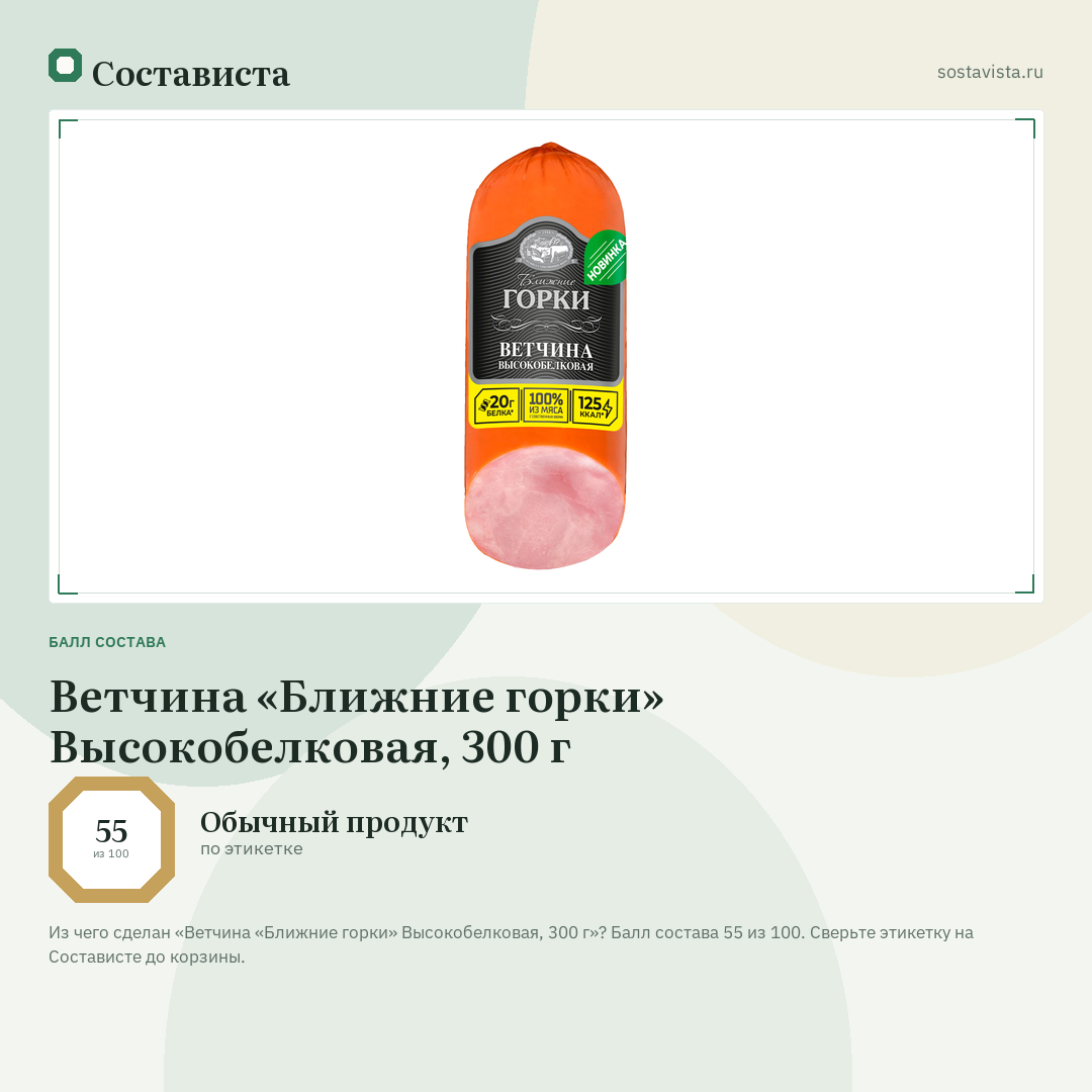 Ветчина «Ближние горки» Высокобелковая, 300 г: балл состава 55 из 100 — Состависта