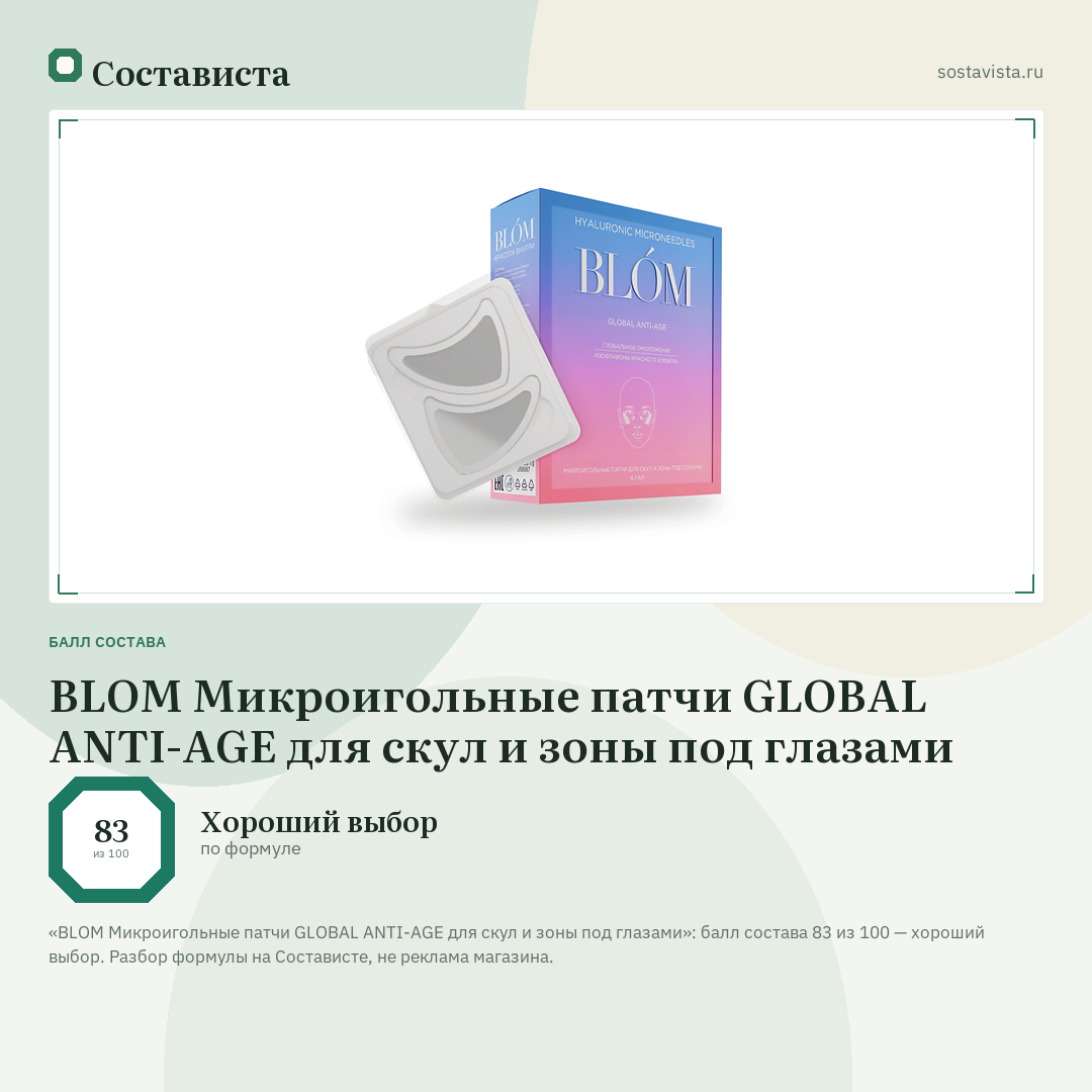 BLOM Микроигольные патчи GLOBAL ANTI-AGE для скул и зоны под глазами: балл состава 83 из 100 — Состависта
