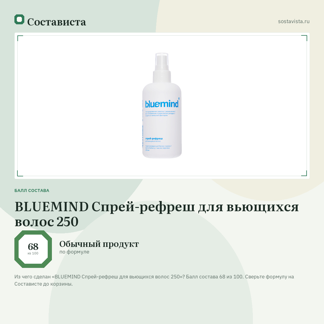 BLUEMIND Спрей-рефреш для вьющихся волос 250: балл состава 68 из 100 — Состависта