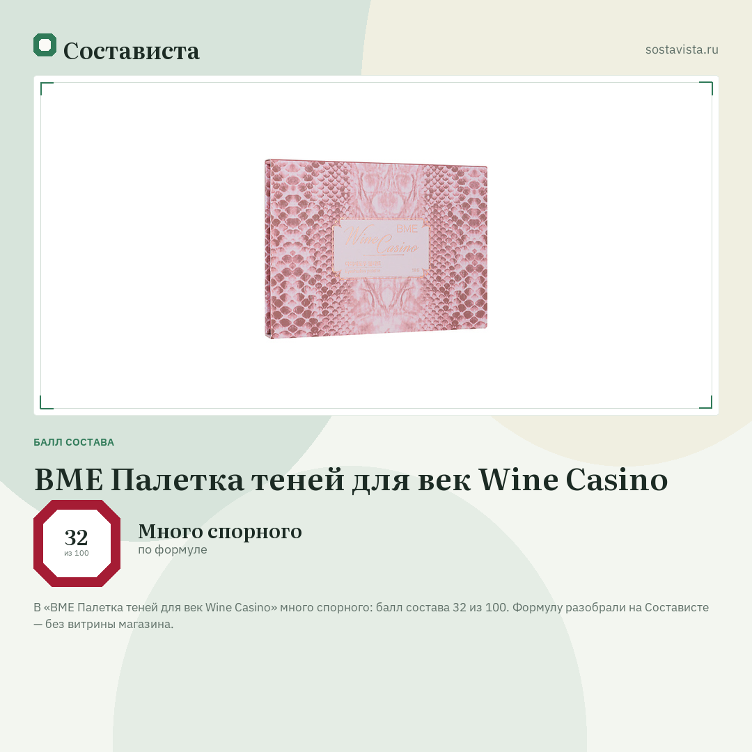 BME Палетка теней для век Wine Casino: балл состава 32 из 100 — Состависта