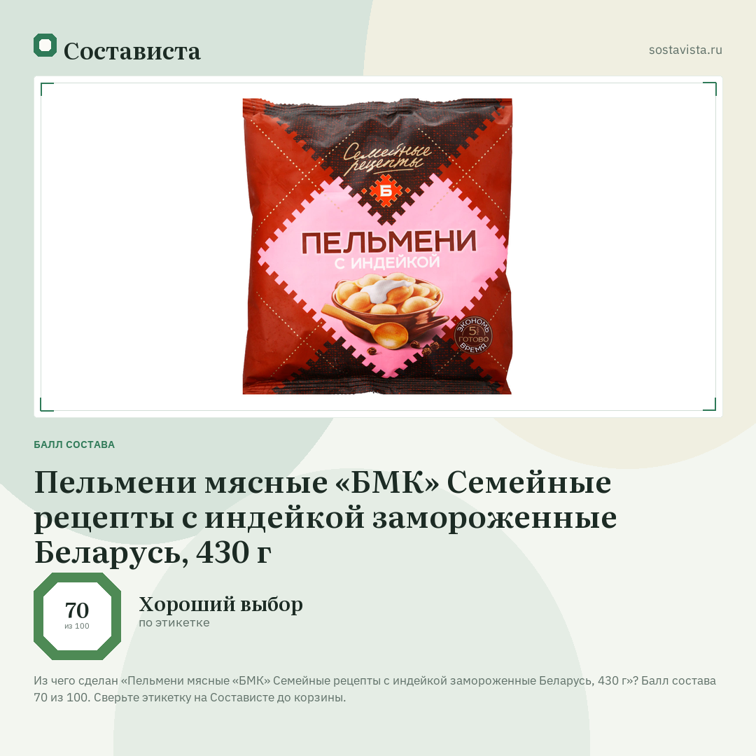 Пельмени мясные «БМК» Семейные рецепты с индейкой замороженные Беларусь, 430 г: балл состава 70 из 100 — Состависта