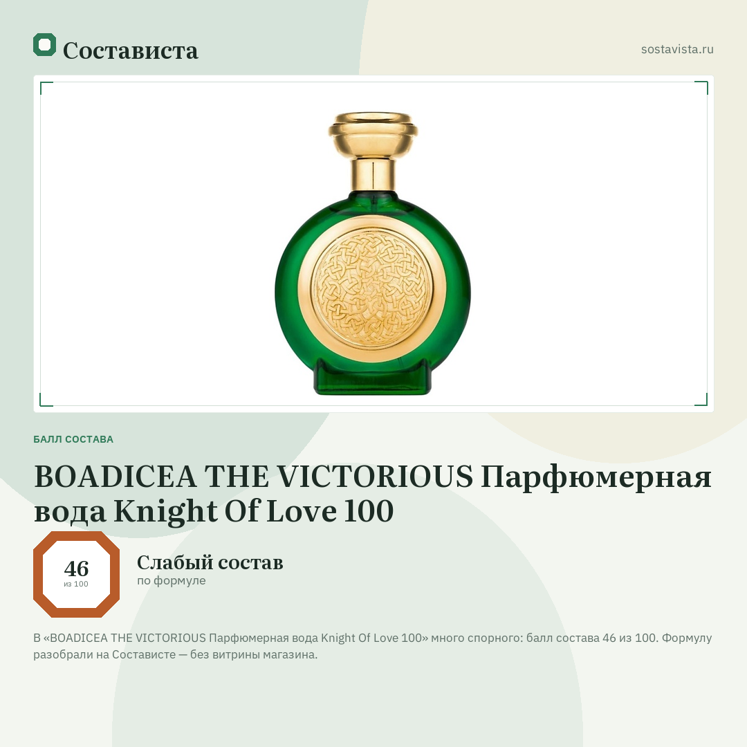 BOADICEA THE VICTORIOUS Парфюмерная вода Knight Of Love 100: балл состава 46 из 100 — Состависта
