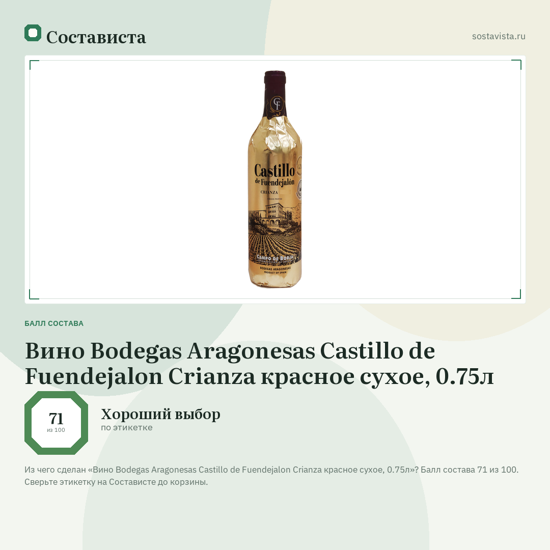 Вино Bodegas Aragonesas Castillo de Fuendejalon Crianza красное сухое, 0.75л: балл состава 71 из 100 — Состависта