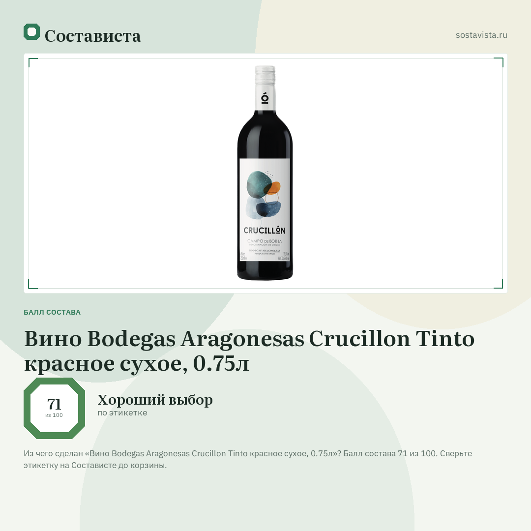 Вино Bodegas Aragonesas Crucillon Tinto красное сухое, 0.75л: балл состава 71 из 100 — Состависта