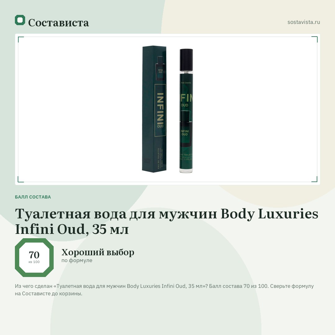 Туалетная вода для мужчин Body Luxuries Infini Oud, 35 мл: балл состава 70 из 100 — Состависта