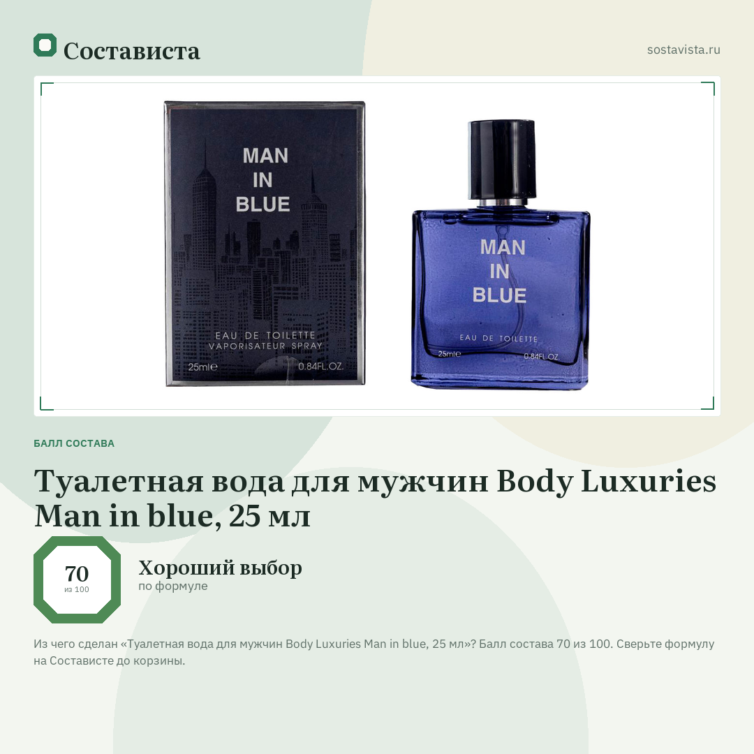 Туалетная вода для мужчин Body Luxuries Man in blue, 25 мл: балл состава 70 из 100 — Состависта