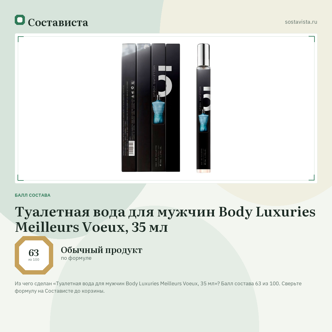 Туалетная вода для мужчин Body Luxuries Meilleurs Voeux, 35 мл: балл состава 63 из 100 — Состависта