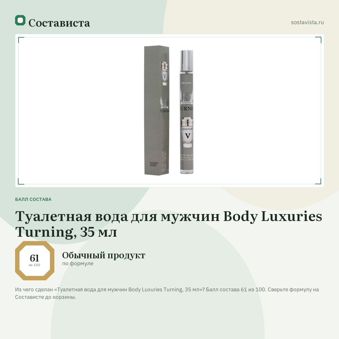 Туалетная вода для мужчин Body Luxuries Turning, 35 мл: балл состава 61 из 100 — Состависта