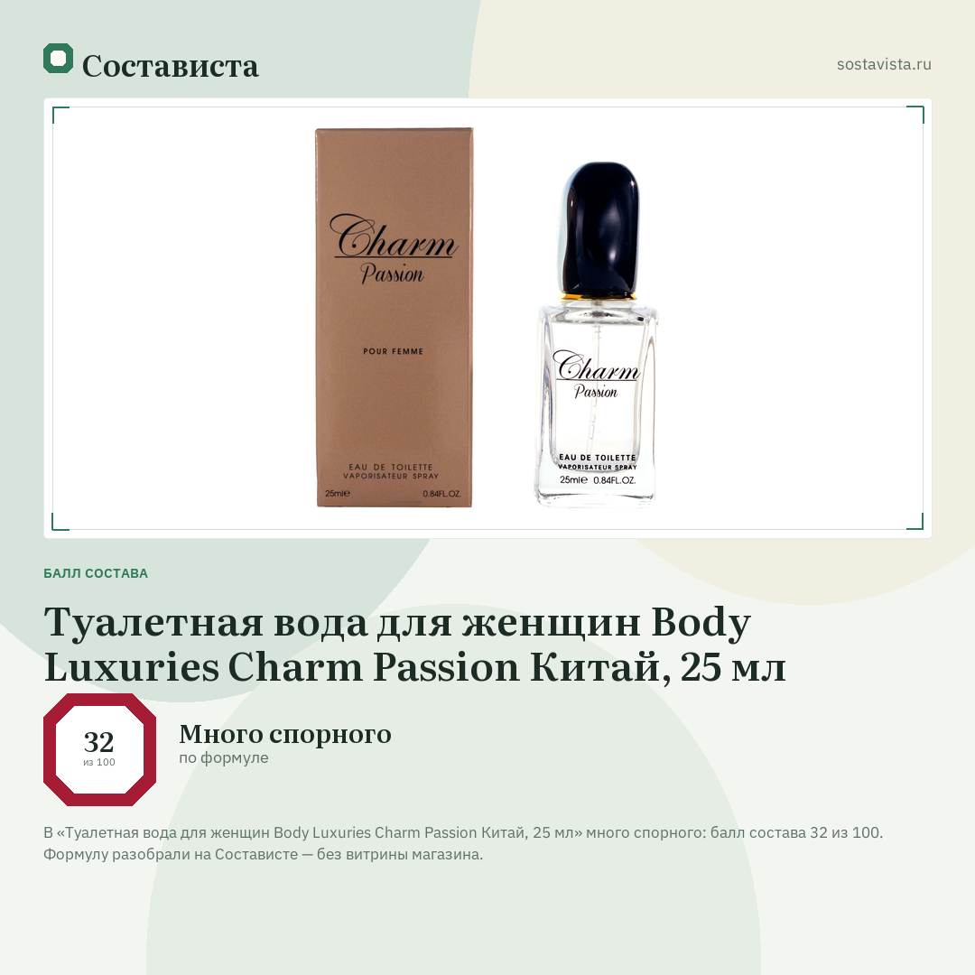 Туалетная вода для женщин Body Luxuries Charm Passion Китай, 25 мл: балл состава 32 из 100 — Состависта