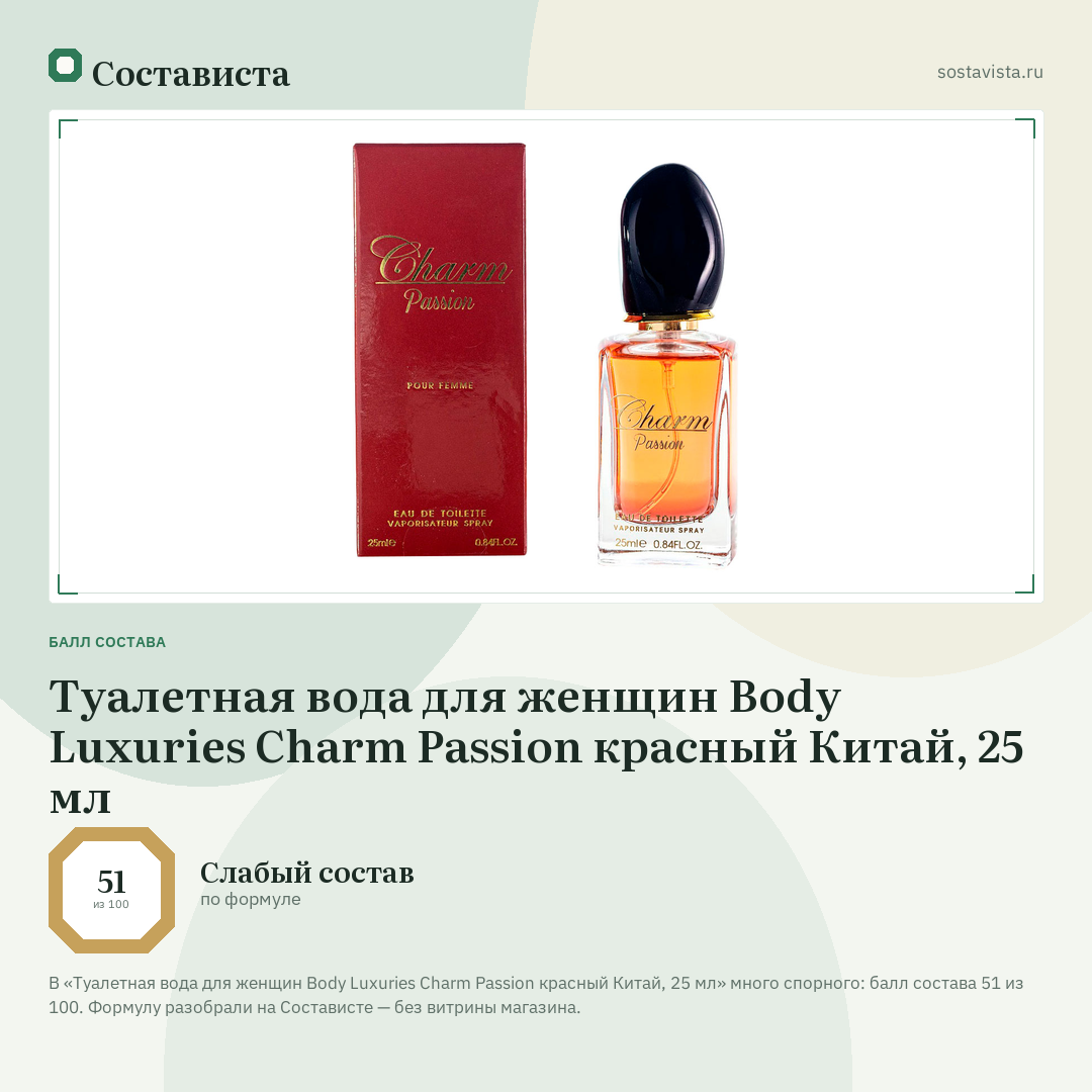 Туалетная вода для женщин Body Luxuries Charm Passion красный Китай, 25 мл: балл состава 51 из 100 — Состависта