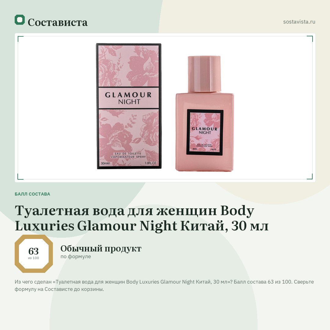 Туалетная вода для женщин Body Luxuries Glamour Night Китай, 30 мл: балл состава 63 из 100 — Состависта