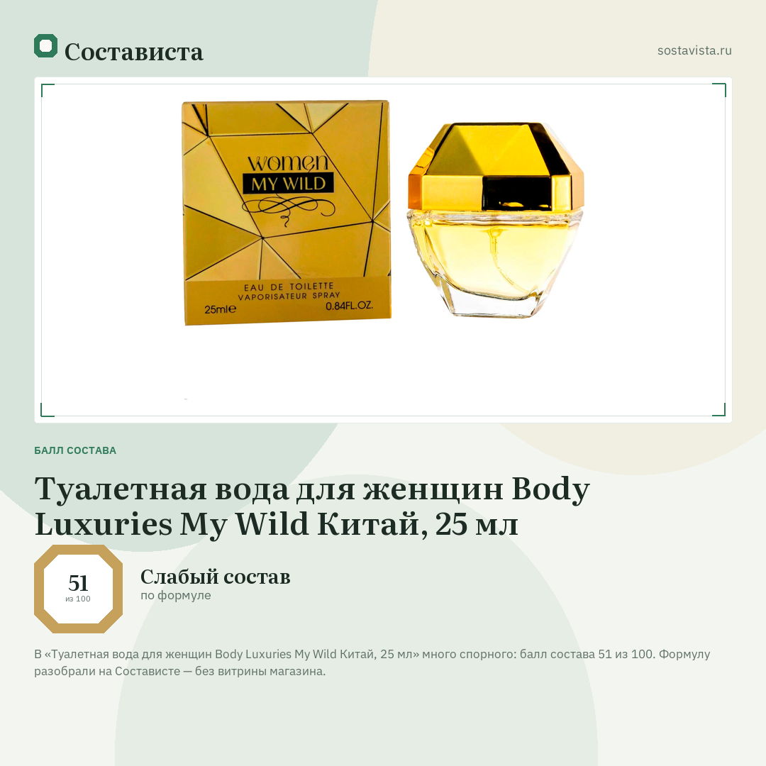 Туалетная вода для женщин Body Luxuries My Wild Китай, 25 мл: балл состава 51 из 100 — Состависта