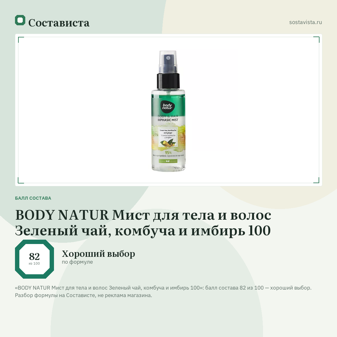 BODY NATUR Мист для тела и волос Зеленый чай, комбуча и имбирь 100: балл состава 82 из 100 — Состависта