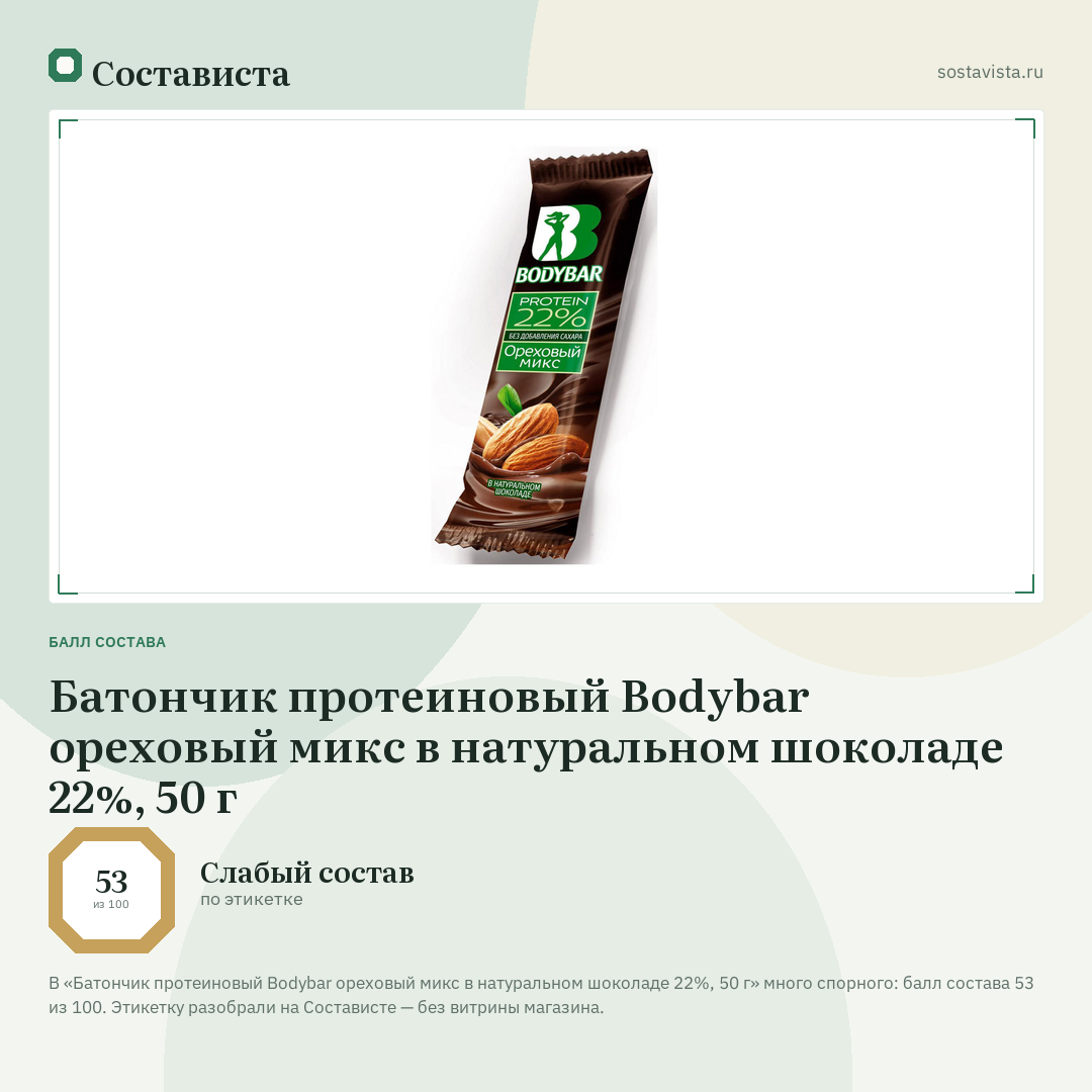Батончик протеиновый Bodybar ореховый микс в натуральном шоколаде 22%, 50 г: балл состава 53 из 100 — Состависта