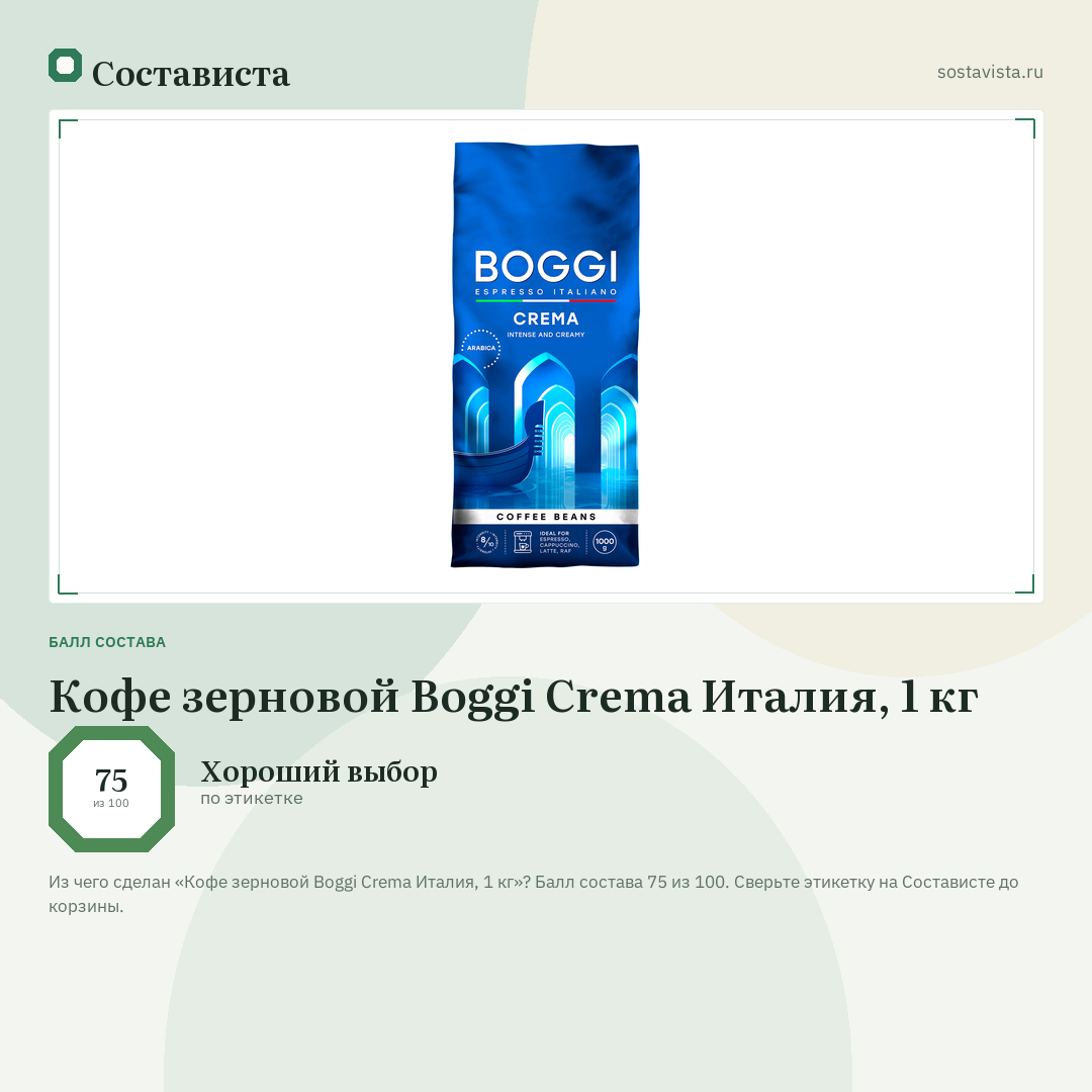 Кофе зерновой Boggi Crema Италия, 1 кг: балл состава 75 из 100 — Состависта
