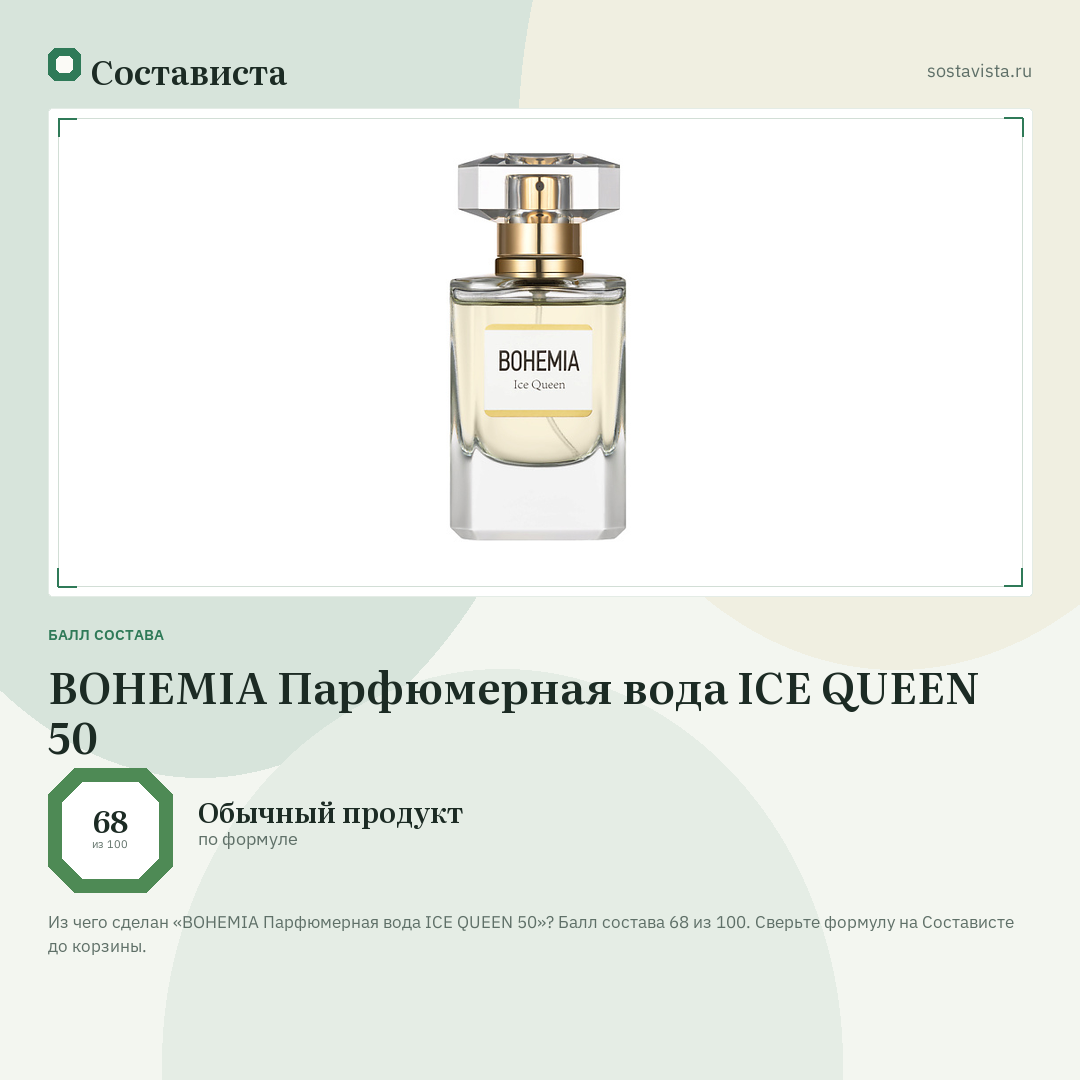 BOHEMIA Парфюмерная вода ICE QUEEN 50: балл состава 68 из 100 — Состависта