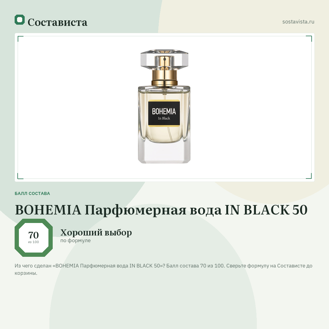 BOHEMIA Парфюмерная вода IN BLACK 50: балл состава 70 из 100 — Состависта