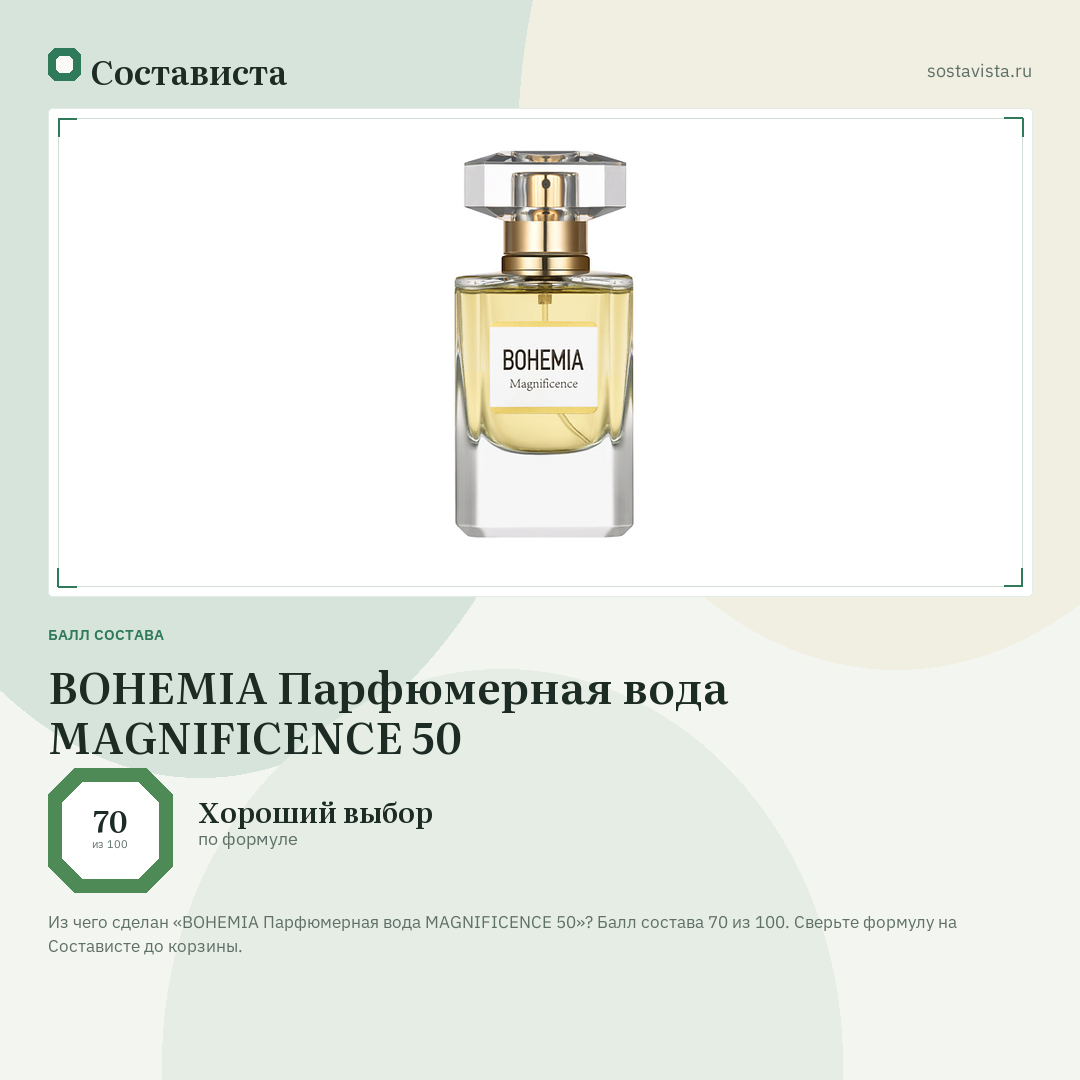 BOHEMIA Парфюмерная вода MAGNIFICENCE 50: балл состава 70 из 100 — Состависта
