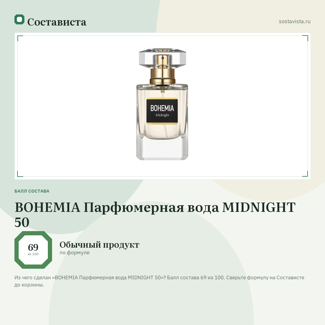 BOHEMIA Парфюмерная вода MIDNIGHT 50: балл состава 69 из 100 — Состависта