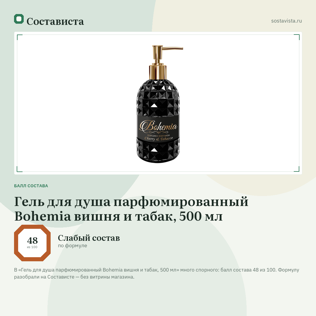 Гель для душа парфюмированный Bohemia вишня и табак, 500 мл: балл состава 48 из 100 — Состависта