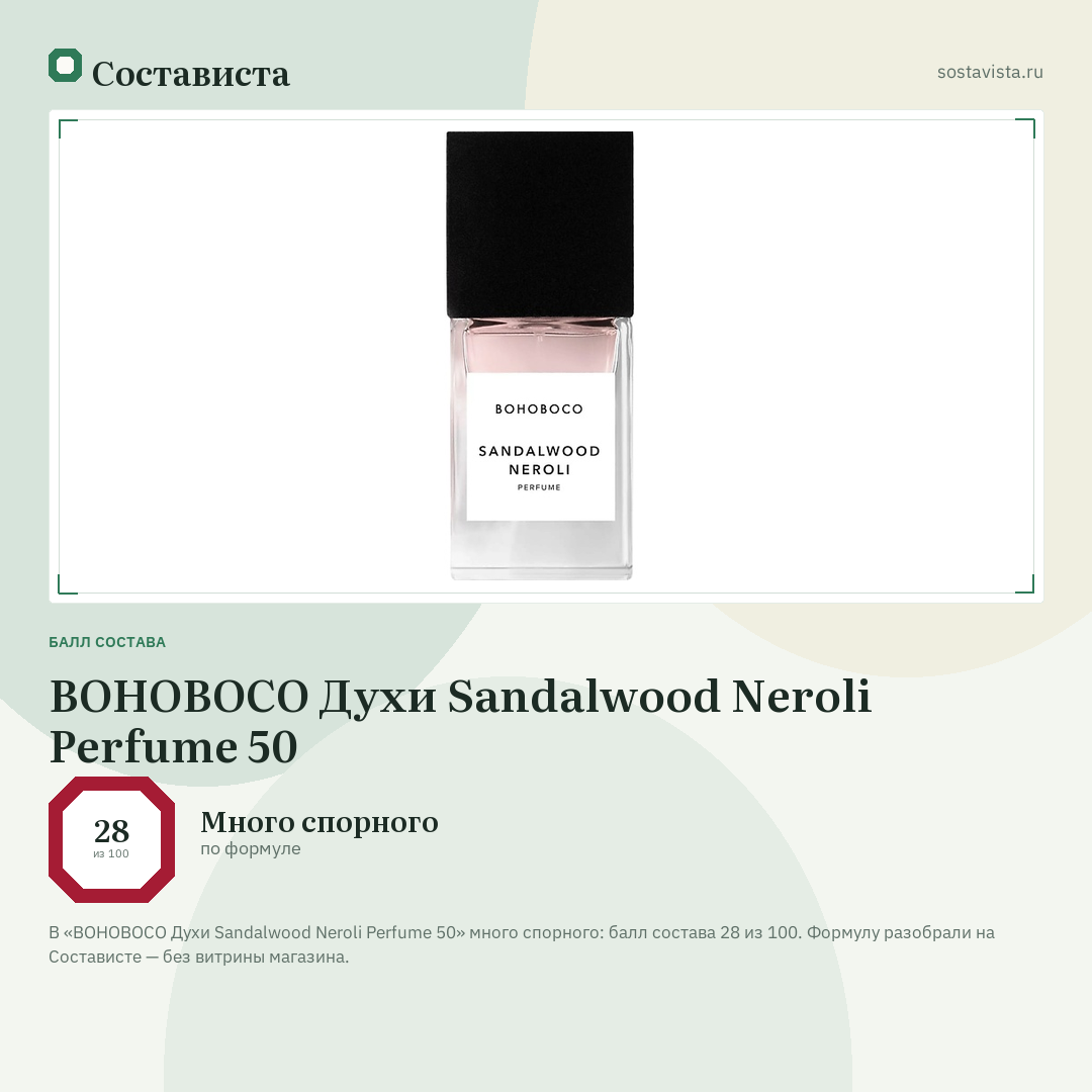 BOHOBOCO Духи Sandalwood Neroli Perfume 50: балл состава 28 из 100 — Состависта