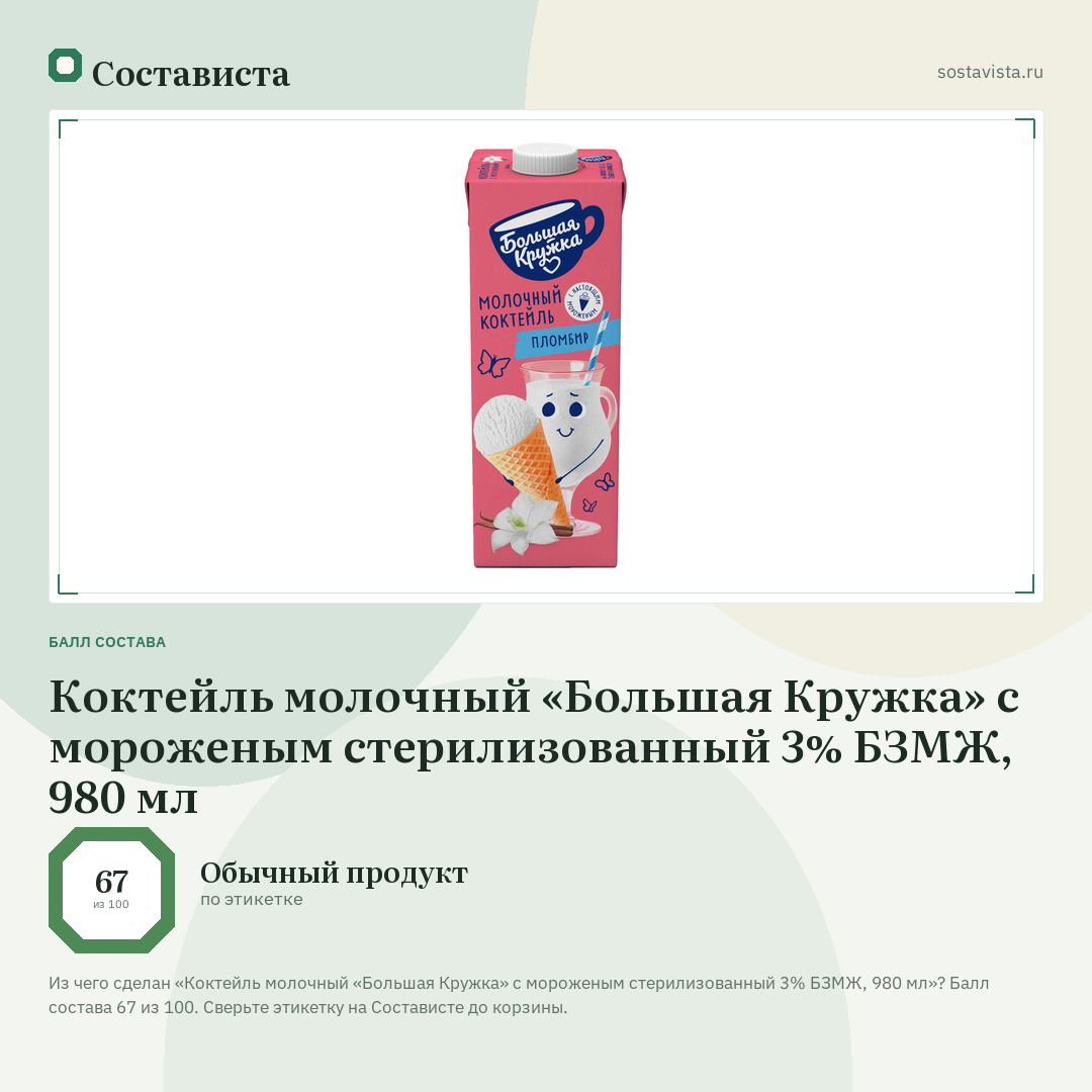 Коктейль молочный «Большая Кружка» с мороженым стерилизованный 3% БЗМЖ, 980 мл: балл состава 67 из 100 — Состависта