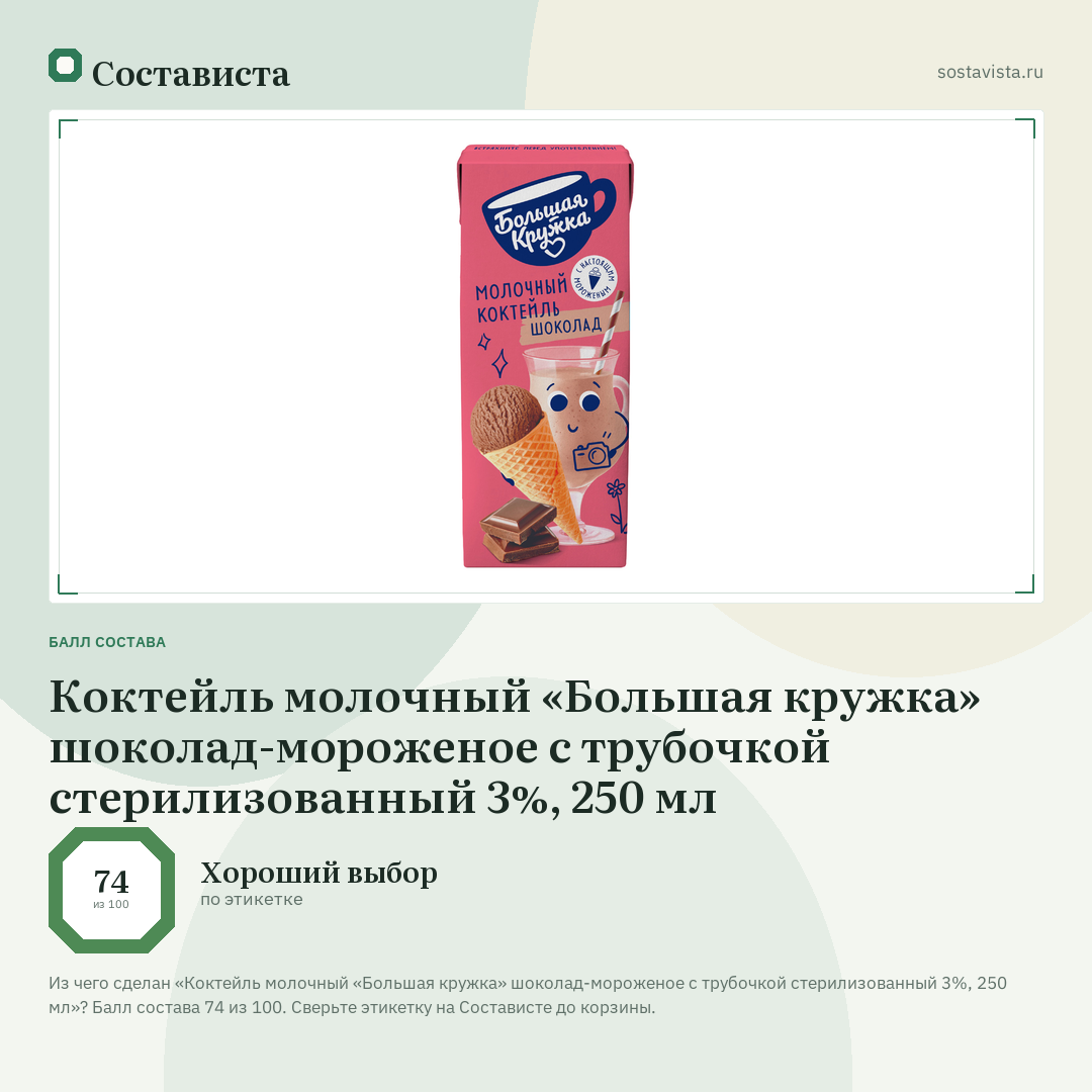Коктейль молочный «Большая кружка» шоколад-мороженое с трубочкой стерилизованный 3%, 250 мл: балл состава 74 из 100 — Состависта