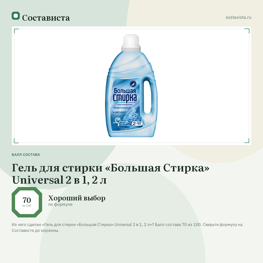 Гель для стирки «Большая Стирка» Universal 2 в 1, 2 л: балл состава 70 из 100 — Состависта