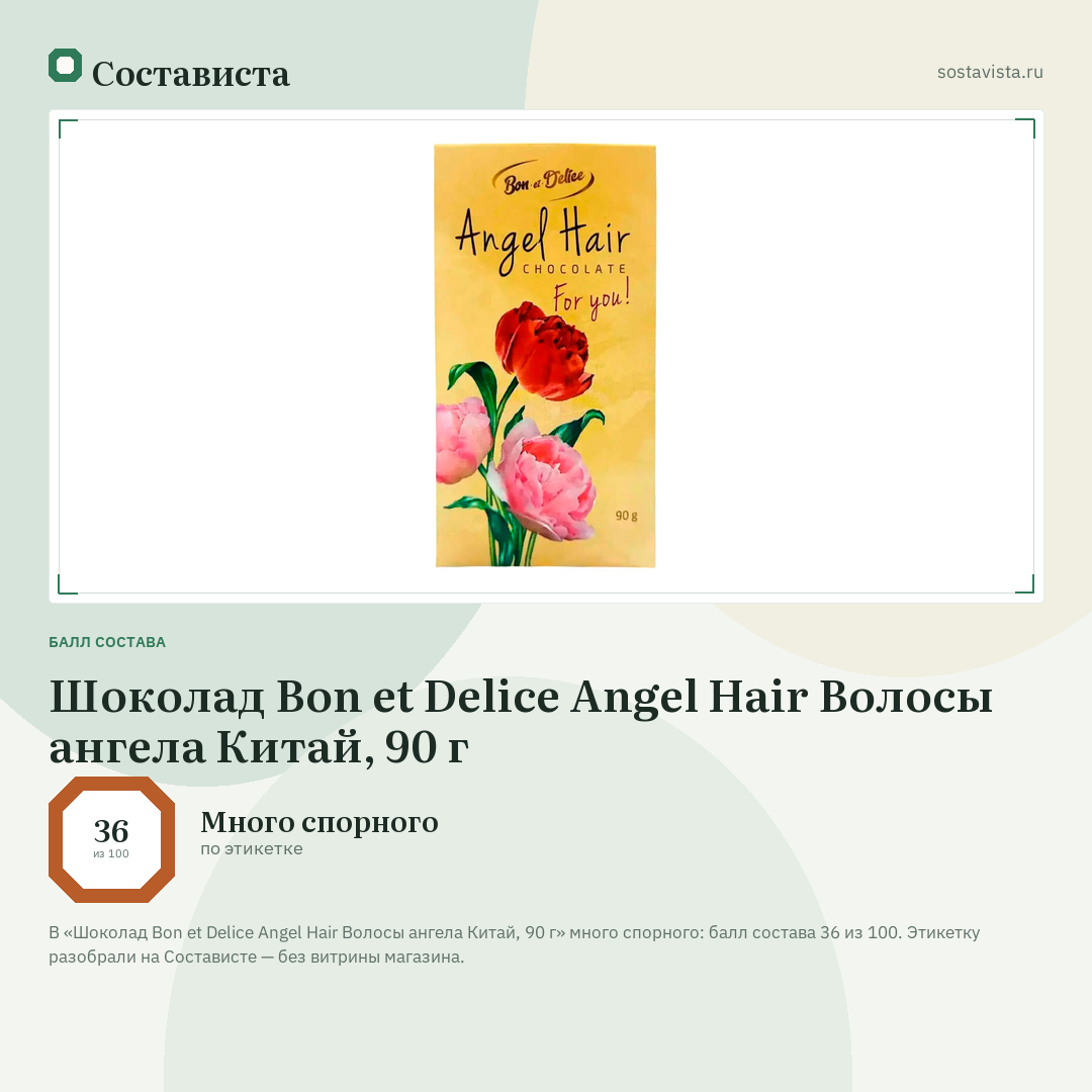 Шоколад Bon et Delice Angel Hair Волосы ангела Китай, 90 г: балл состава 36 из 100 — Состависта