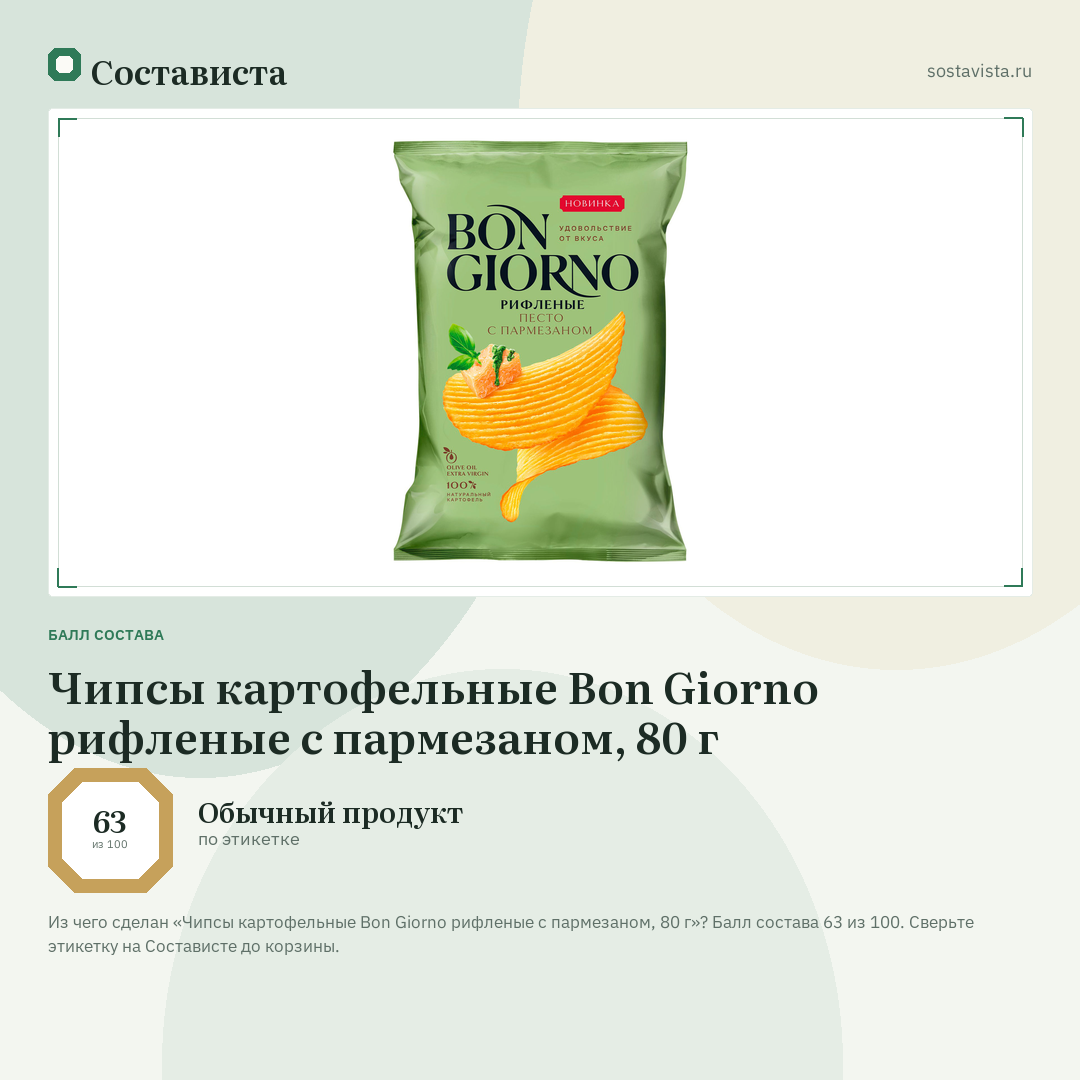 Чипсы картофельные Bon Giorno рифленые с пармезаном, 80 г: балл состава 63 из 100 — Состависта