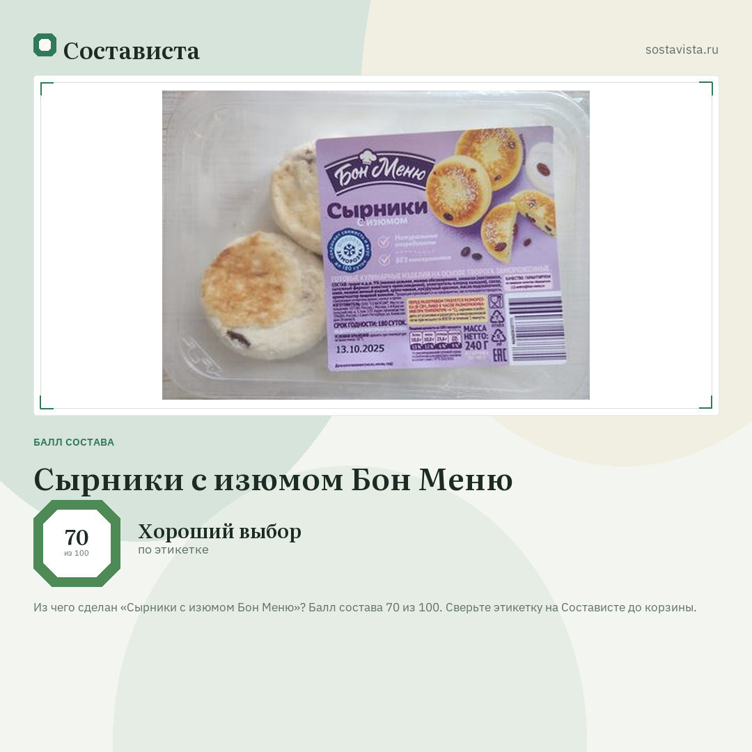 Сырники с изюмом Бон Меню: балл состава 70 из 100 — Состависта