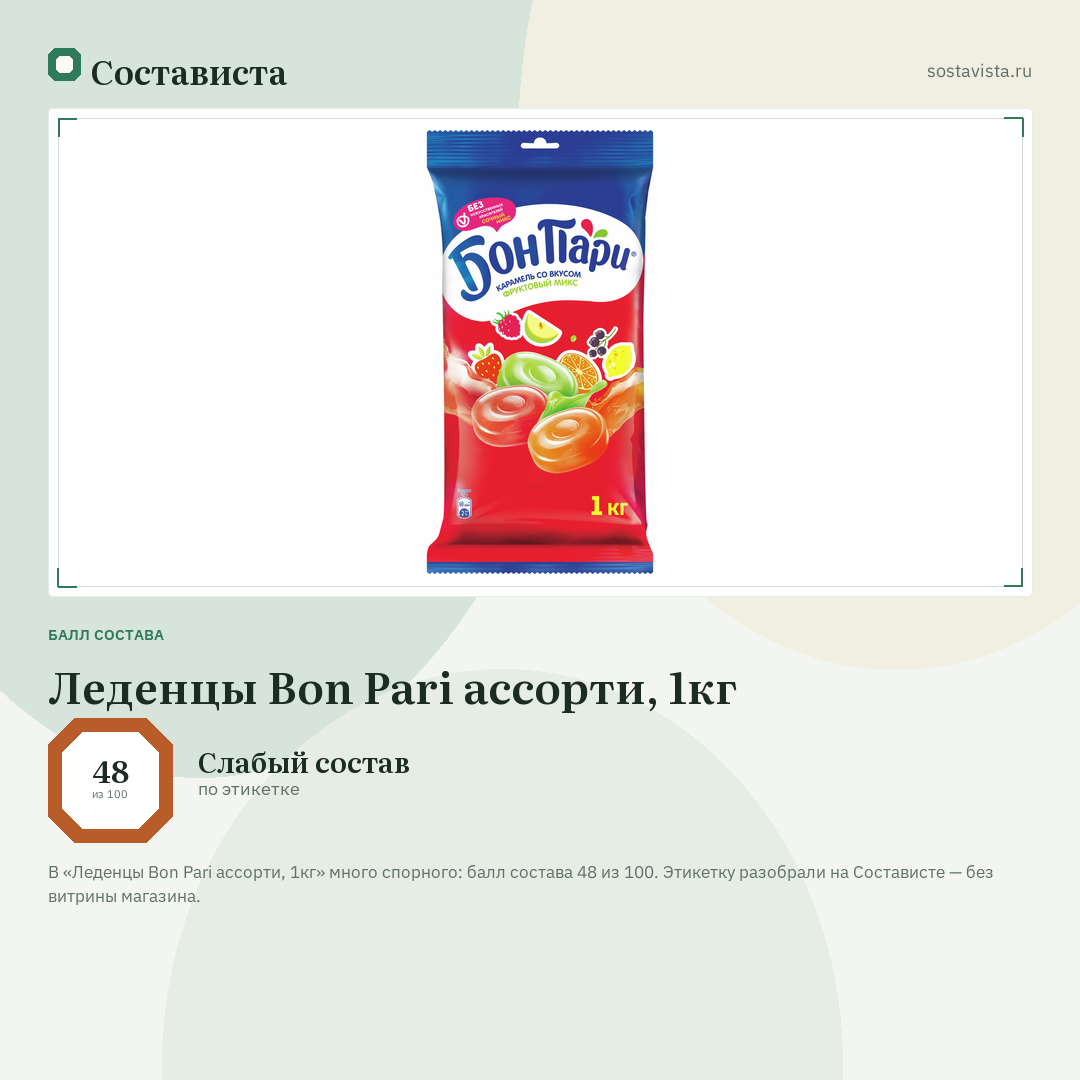 Леденцы Bon Pari ассорти, 1кг: балл состава 48 из 100 — Состависта