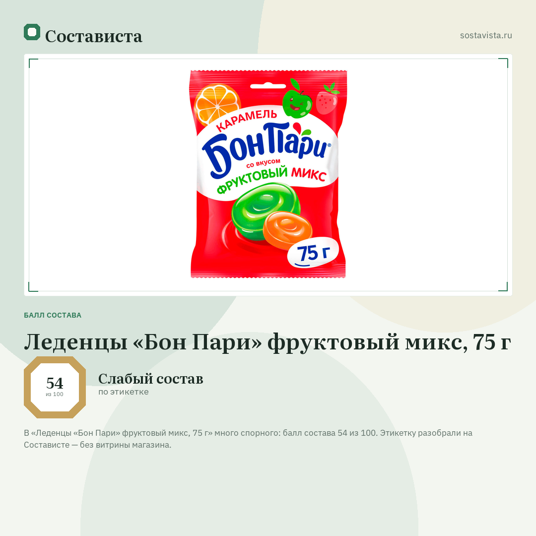 Леденцы «Бон Пари» фруктовый микс, 75 г: балл состава 54 из 100 — Состависта