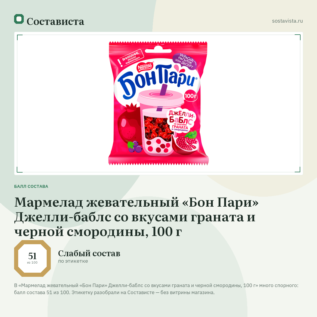 Мармелад жевательный «Бон Пари» Джелли-баблс со вкусами граната и черной смородины, 100 г: балл состава 51 из 100 — Состависта