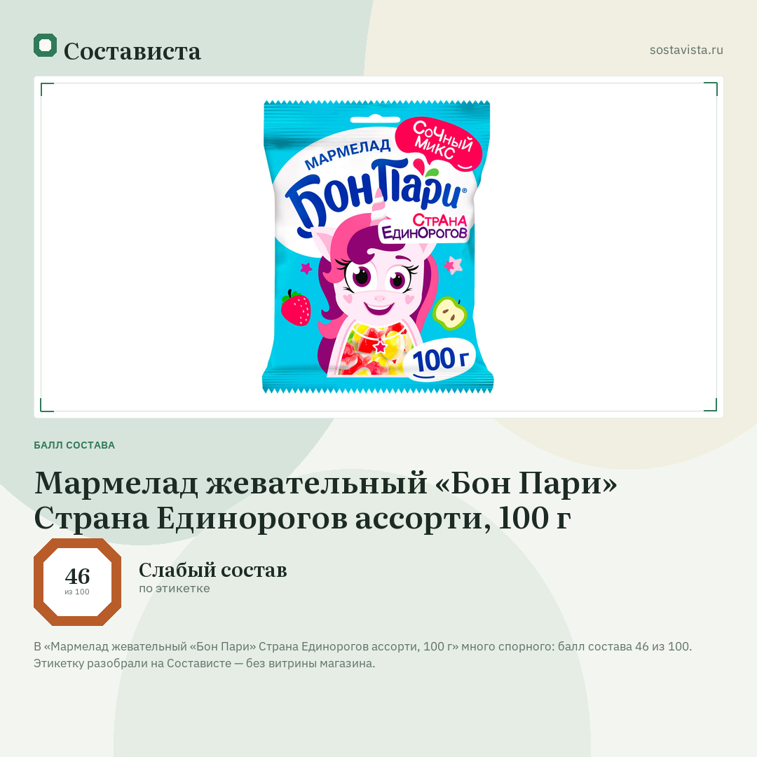 Мармелад жевательный «Бон Пари» Страна Единорогов ассорти, 100 г: балл состава 46 из 100 — Состависта