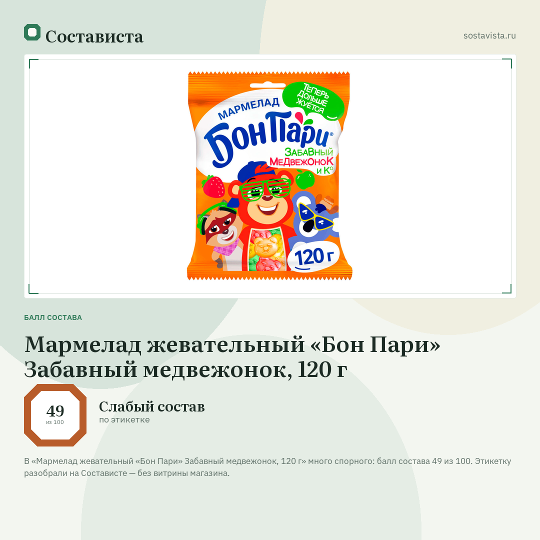 Мармелад жевательный «Бон Пари» Забавный медвежонок, 120 г: балл состава 49 из 100 — Состависта