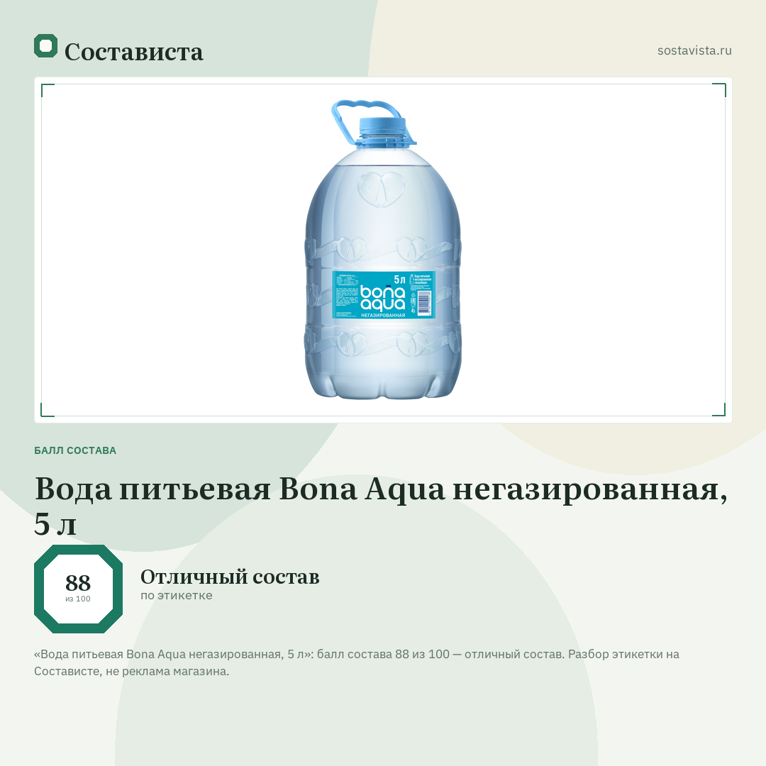 Вода питьевая Bona Aqua негазированная, 5 л: балл состава 88 из 100 — Состависта