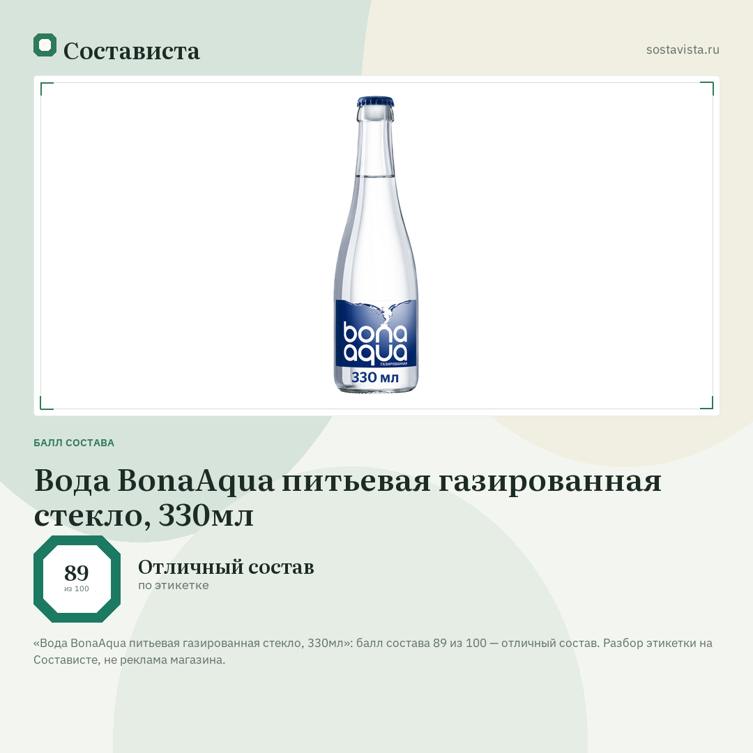 Вода BonaAqua питьевая газированная стекло, 330мл: балл состава 89 из 100 — Состависта